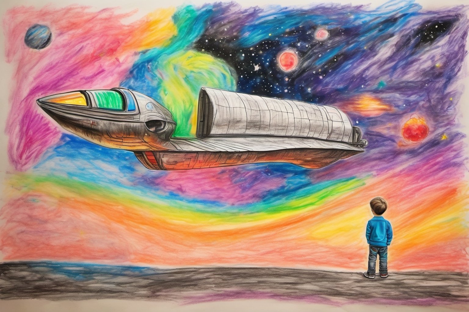 children-drawing, colorful drawing, Elon Musk, big head, watching space-X starship take off. creative artwork, classic steam locomotive, vibrant colors, stand out,