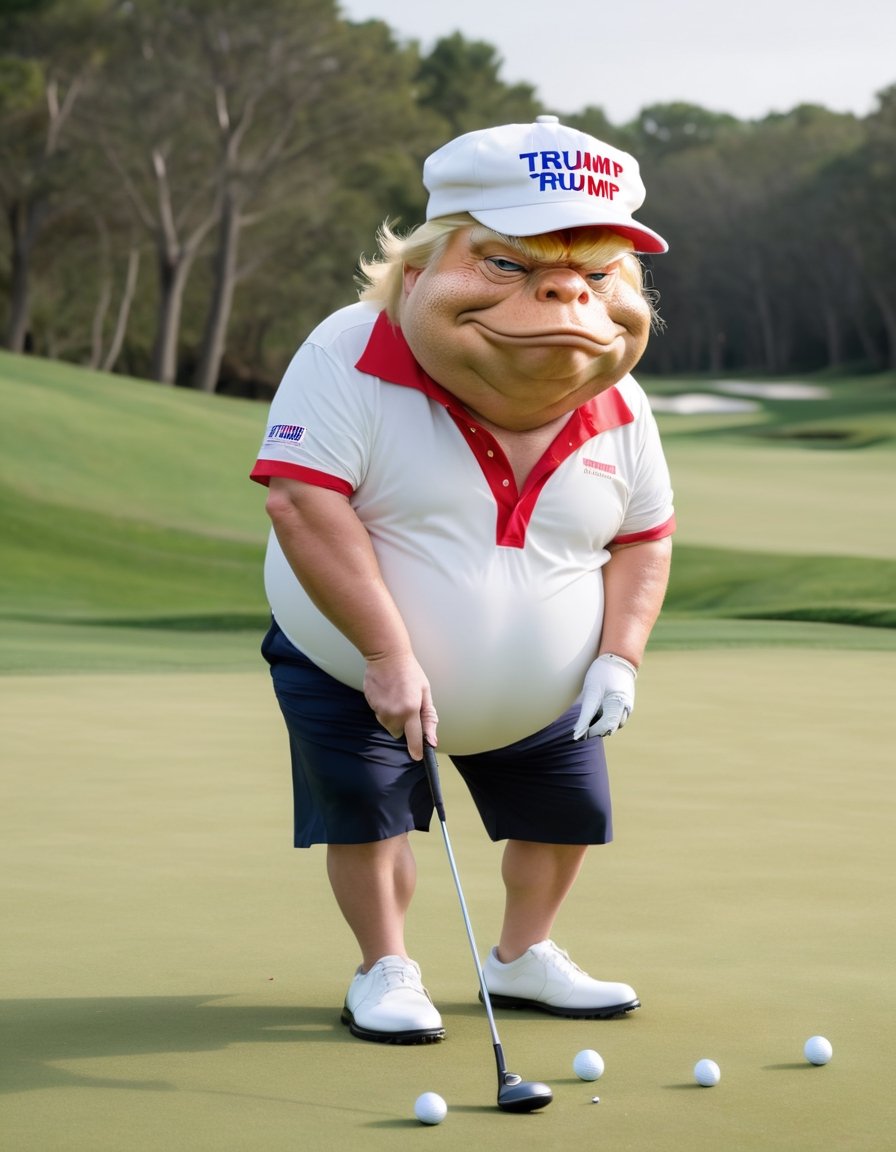 Fat Toad Donald Trump playing golf, blonde hair, wearing Maga hat.