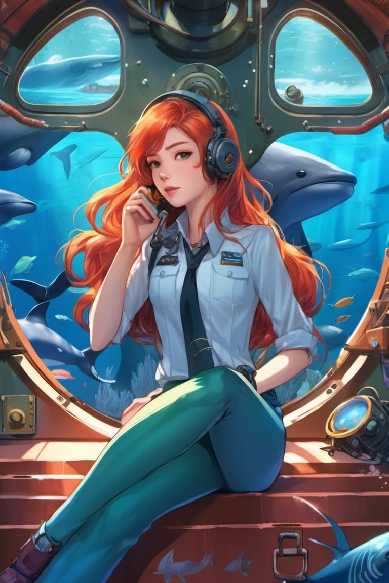 anime artwork, Woman, ginger hair, sitting beside a large port hole, inside a submarine, underwater scene, whales, anime style, key visual, vibrant, studio anime, highly detailed