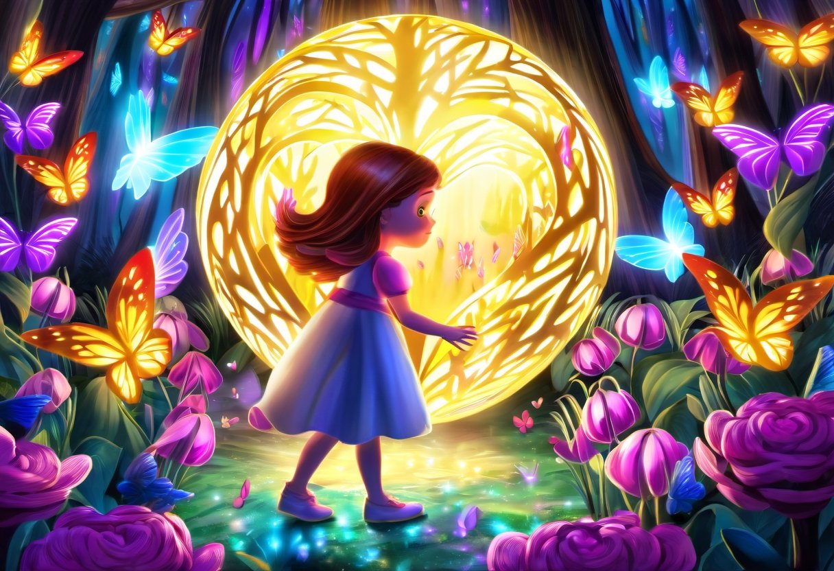 a young girl finds herself in the heart of an enchanted forest. Surrounded by glowing butterflies and mystical flowers, she discovers a magical sphere