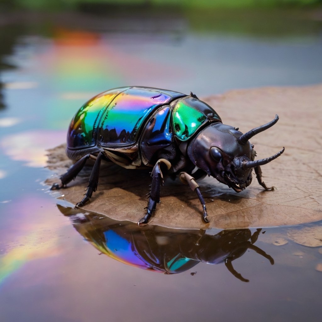 Japanese rhinoceros beetle, irredecent color, rainbow reflection from thin film, refraction