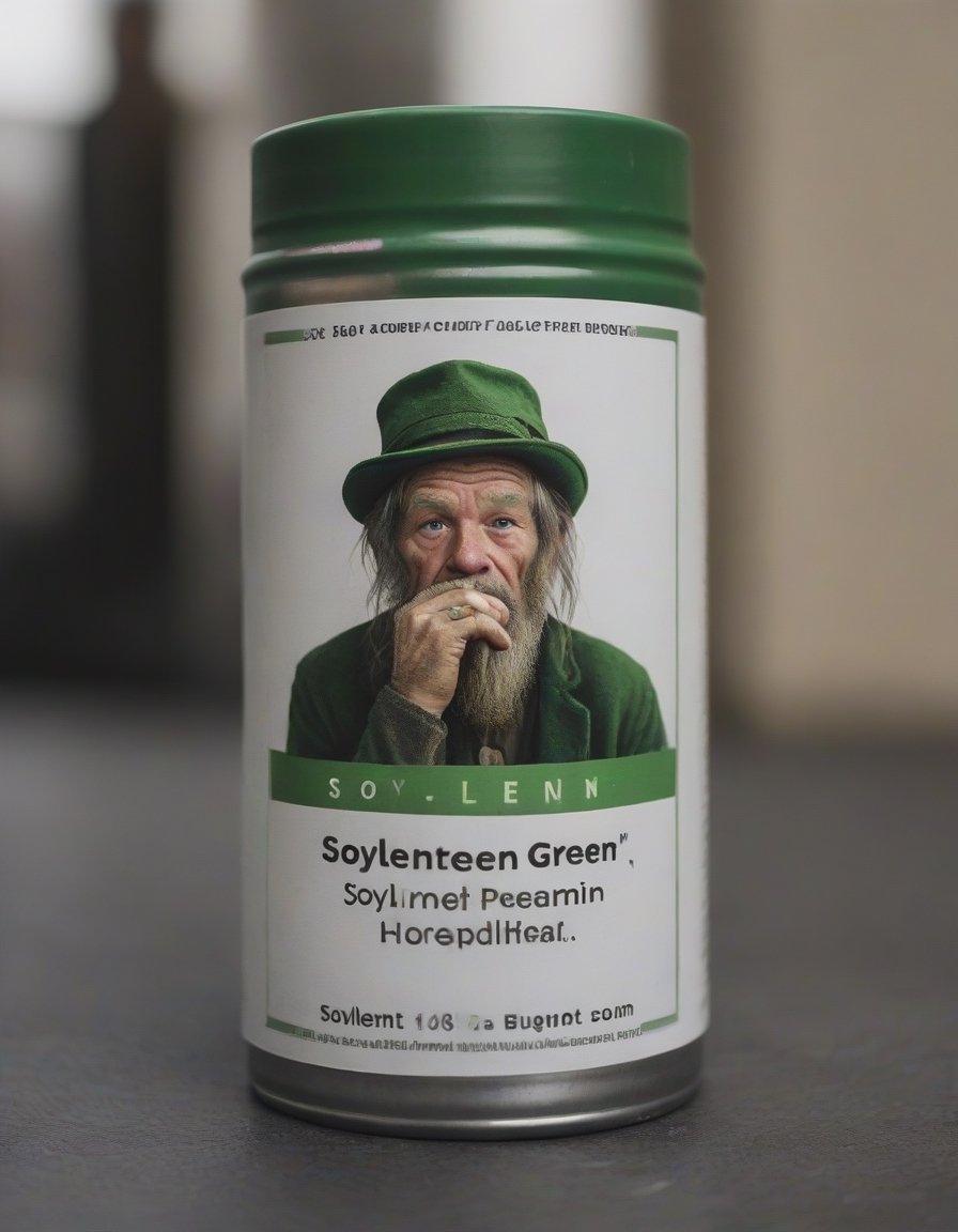 Photo of Canned Soup featuring a homeless Leprechaun with a sad expression, clutching a tiny, broken four-leaf clover. text logo "Soylent Green"