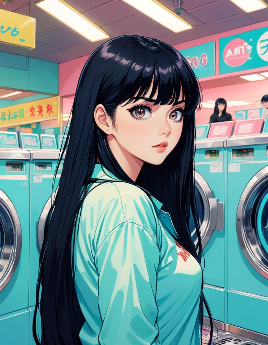 Woman, long black hair, bored, waiting at a laundromat, art by Junji Ito, art by Martine Johanna, anime network, anime style