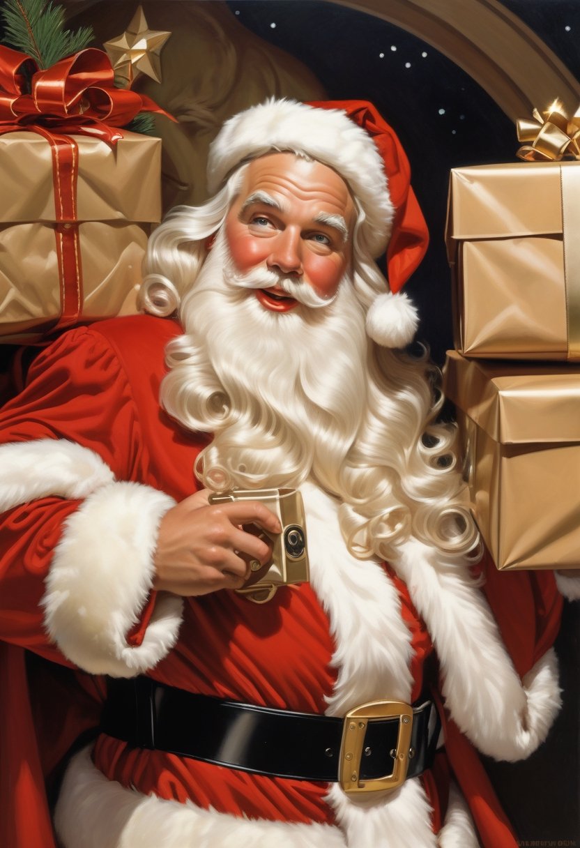 Photo a Santa Claus as Amazon delivery man, tosy behind him, art by J.C. Leyendecker, Canon 5d Mark 4, Kodak Ektar