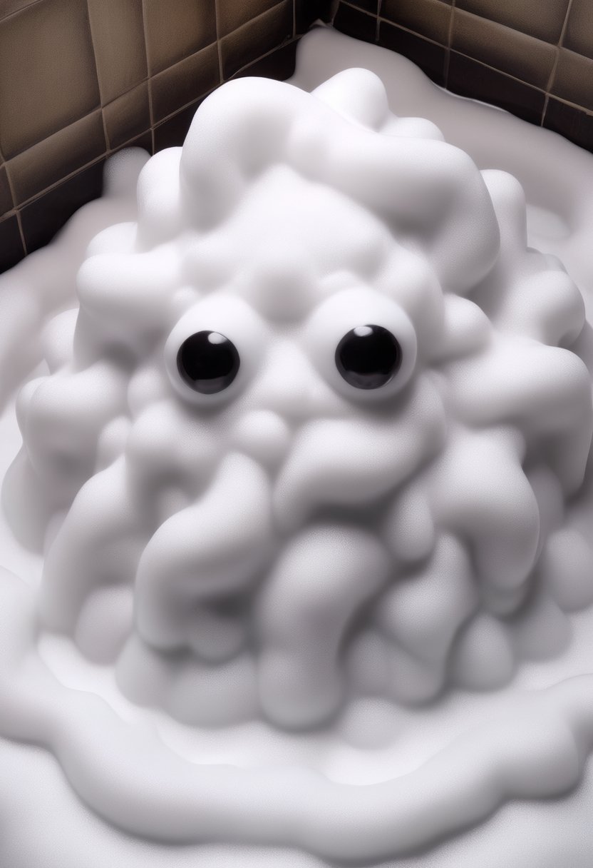 Photo of cute eldritch monster,  made out of bath foam,  bubble bath,  Victorian bath tub,  art by Escher, 