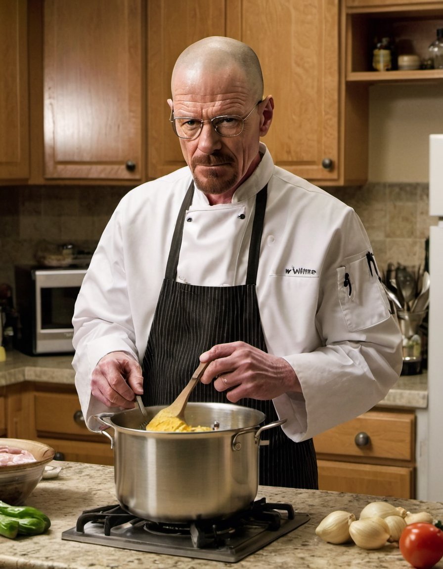 Walter White dressed as a chef cooking dinner in the kitchen