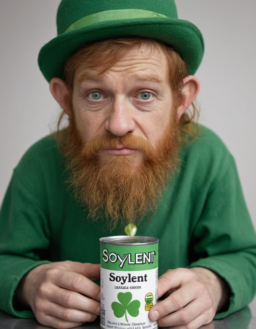 Photo of Canned Soup featuring a homeless Leprechaun with a sad expression, clutching a tiny, broken four-leaf clover. text logo "Soylent Green"