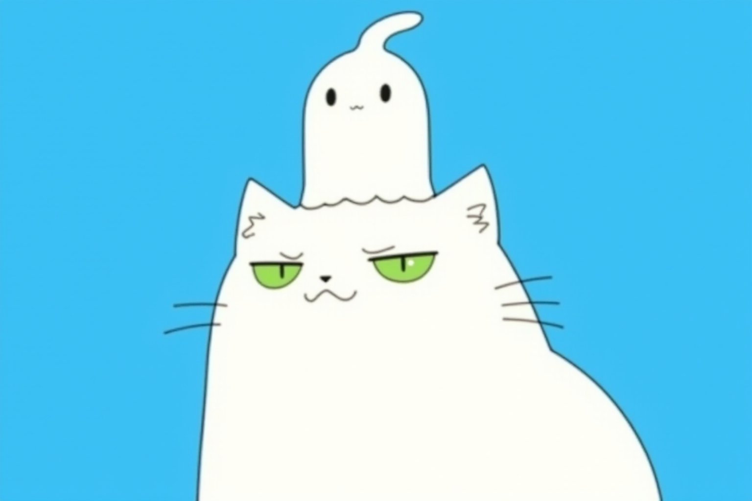 Anime illustration. A white cat with green eyes and a funny expression, with a white ghost standing on its head, on a blue background. This comic-style illustration is in the style of Herge and Hayao Miyazaki,