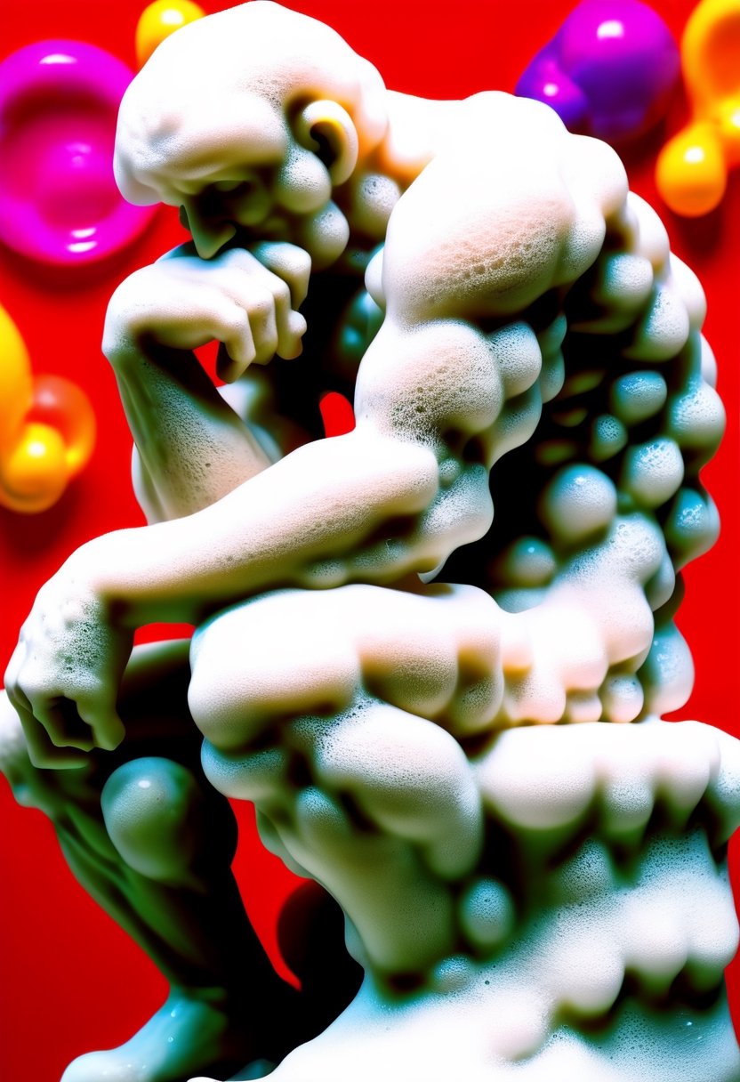 Made out of bath foam, The Thinker, Le Penseur,  by Auguste Rodin, vibrant colors, bubbles