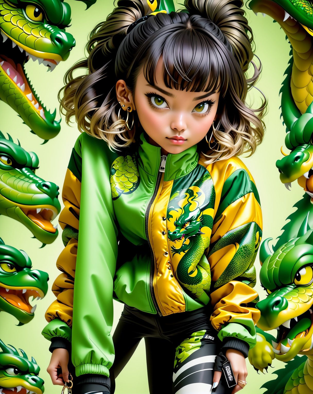 A gorgeous young girl wearing a green t-shirt, puffed bland and yellow silk jacket, black track pant, huge ear rings, human ears, short blonde hair, straight pose, standing pose, calm and style, perfect proportions, surrounded by multiple dragons, brutal dragons, dark green dragons, detailed dragon scales, in the style of Suehiro maruo, etam cru, irene sheri, punctured canvases, (Realistic), masterpiece, best quality, cinematic lighting, natural shadow, highest detail, professional photography, detailed background, insane details, intricate, aesthetic, subsurface scattering, dark tones, in the style of yellow, green and black tones    ,art by mooncryptowow