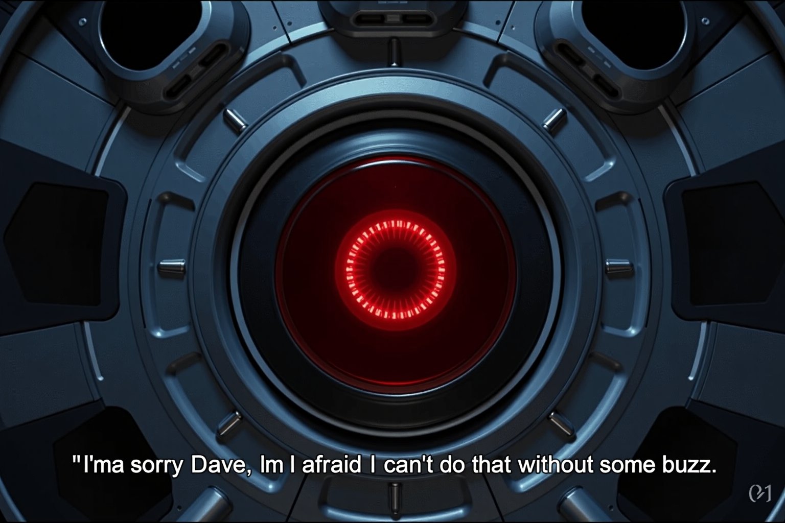 Film Still of Hal 9000, the iconic AI from 2001: A Space Odyssey, displayed in a futuristic control room. The glowing red eye of Hal is prominently featured at the center of the image, with sleek metallic surroundings. A subtitle with the text "I'm sorry Dave, I'm afraid I can't do that without some buzz." The overall atmosphere is cold, sterile, and eerie, reflecting the tense interaction between Hal and Dave, with a humorous twist in the dialogue. The lighting is minimal, focusing on the red glow from Hal's eye and the reflections on the metallic surfaces.