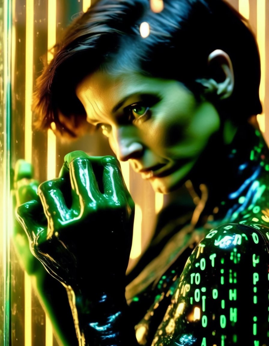 Cinematic photo full body, [:(1 young woman glitching, falling green matrix code glyphs, shattering skin, computer glitch effect:2.1):0.15] cyberpunk Trinity (Matrix), Young Carrie-Anne Moss, short hair, inside a telephone call box , (facing the viewer:1.3), (right hand to the viewer against the glass:5), (left hand holding corded telephone receiver next to ear:2.0) . 35mm photograph, film, bokeh, professional, 4k, highly detailed . 35mm photograph, film, bokeh, professional, 4k, highly detailed