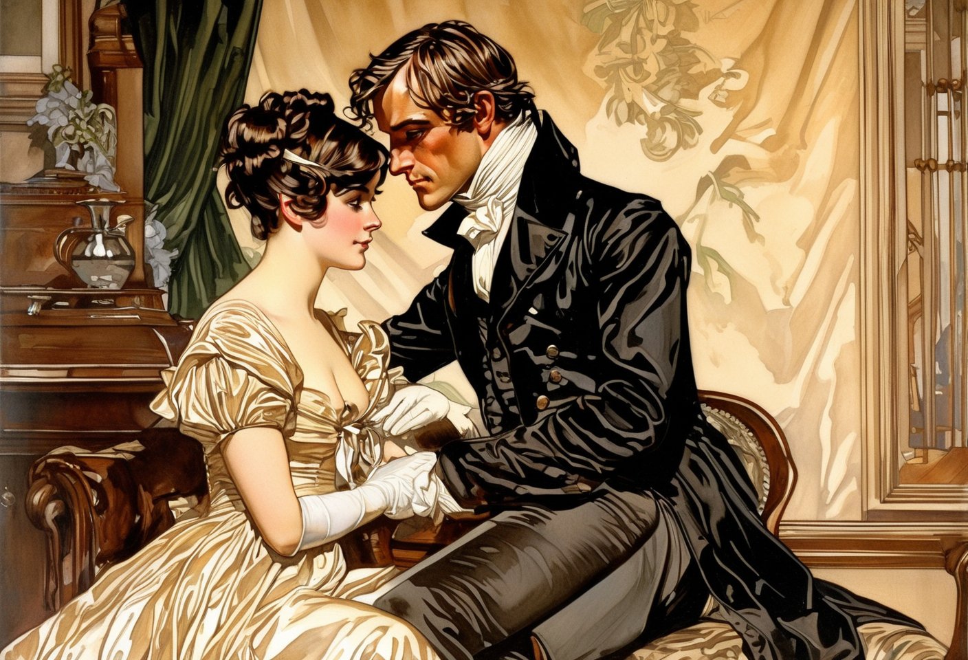 Art by J.C. Leyendecker. A couple staring intensely at each other.  Elizabeth Bennet and Mr. Darcy from Pride and Prejudice