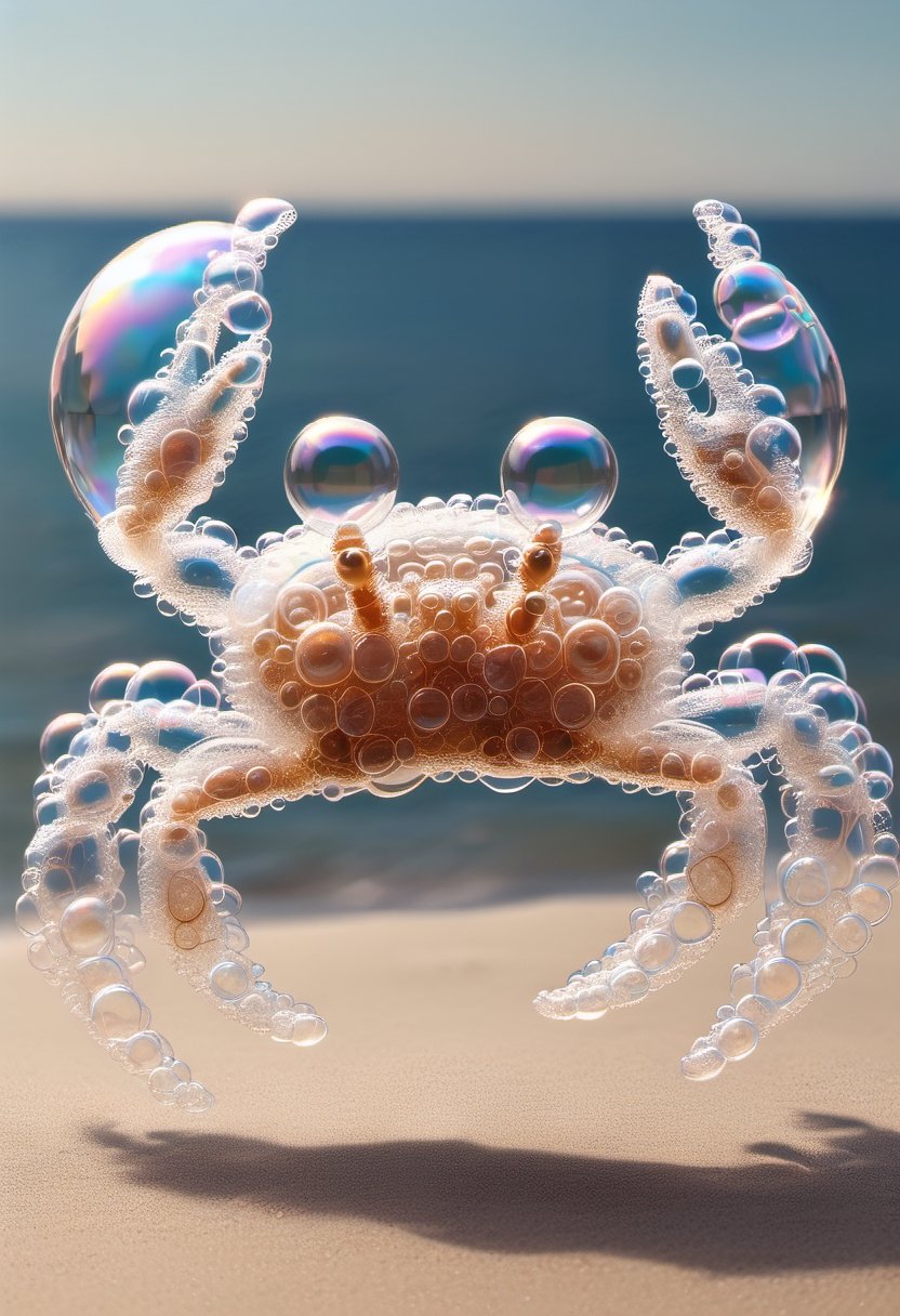 Photo of a transparent  crab made of soap bubbles, walking on beach, ocean waves in the background, highly detailed, 