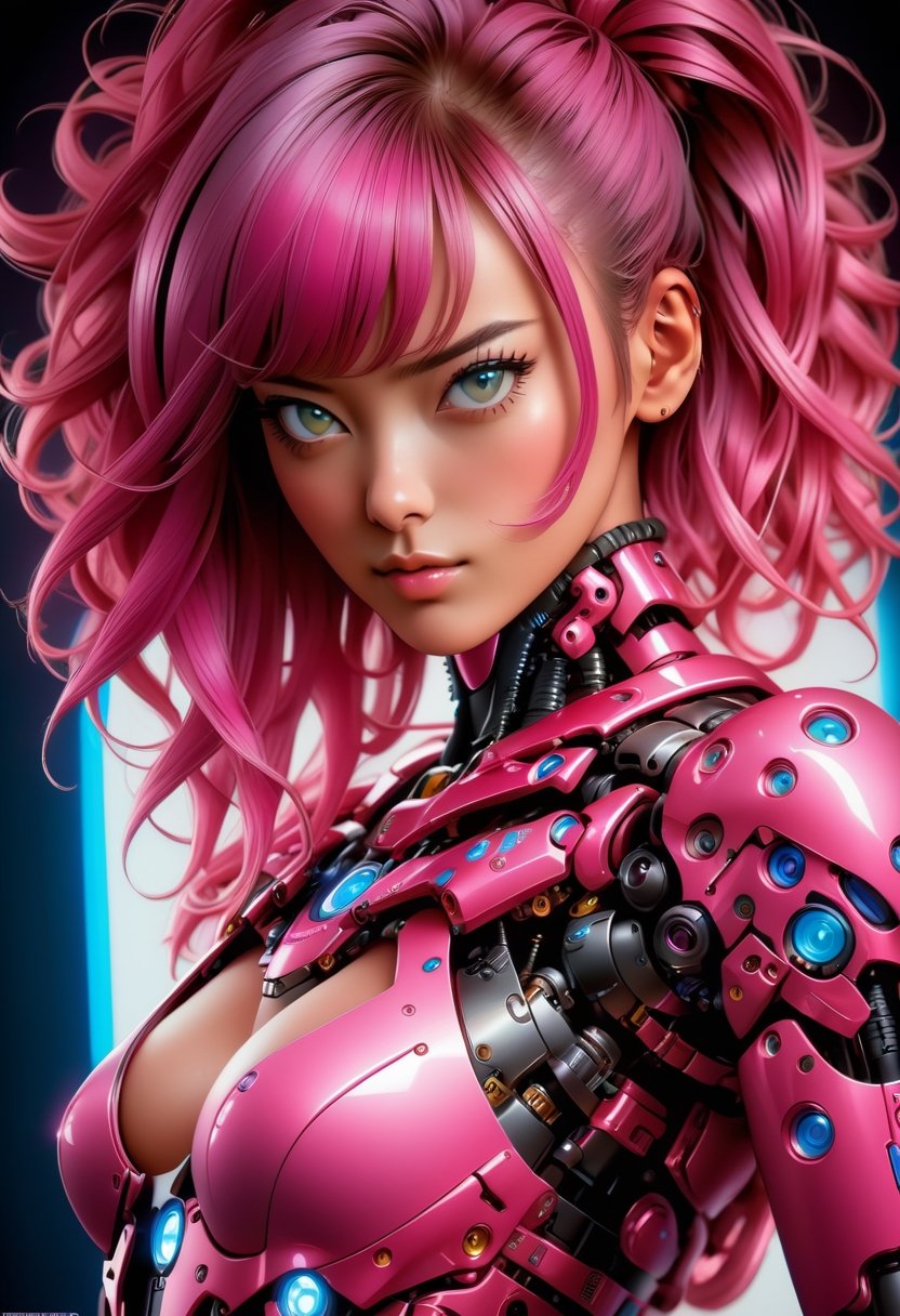 Portrait of A gorgeous young European woman in pink cyberpunk suit, in mecha cyber suit, pink shiny hair, gorgeous blue eyes, straight pose, standing pose, calm and  style, perfect proportions, in the style of Suehiro maruo,  etam cru, irene sheri, punctured canvases, (Realistic), masterpiece, best quality, cinematic lighting, natural shadow, highest detail, professional photography, detailed background, insane details, intricate, aesthetic, subsurface scattering, dark tones, in the style of pink, yellow and black tones       ,art by mooncryptowow