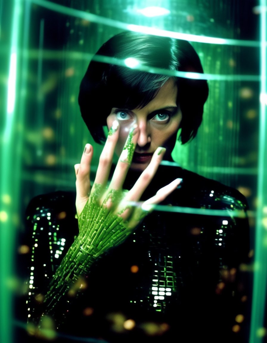 Cinematic photo full body, [:(1 young woman glitching, falling green matrix code glyphs, shattering skin, computer glitch effect:2.1):0.15] cyberpunk Trinity (Matrix), Young Carrie-Anne Moss, short hair, inside a telephone call box , (facing the viewer:1.3), (right hand to the viewer against the glass:5), (left hand holding corded telephone receiver next to ear:2.0) . 35mm photograph, film, bokeh, professional, 4k, highly detailed . 35mm photograph, film, bokeh, professional, 4k, highly detailed