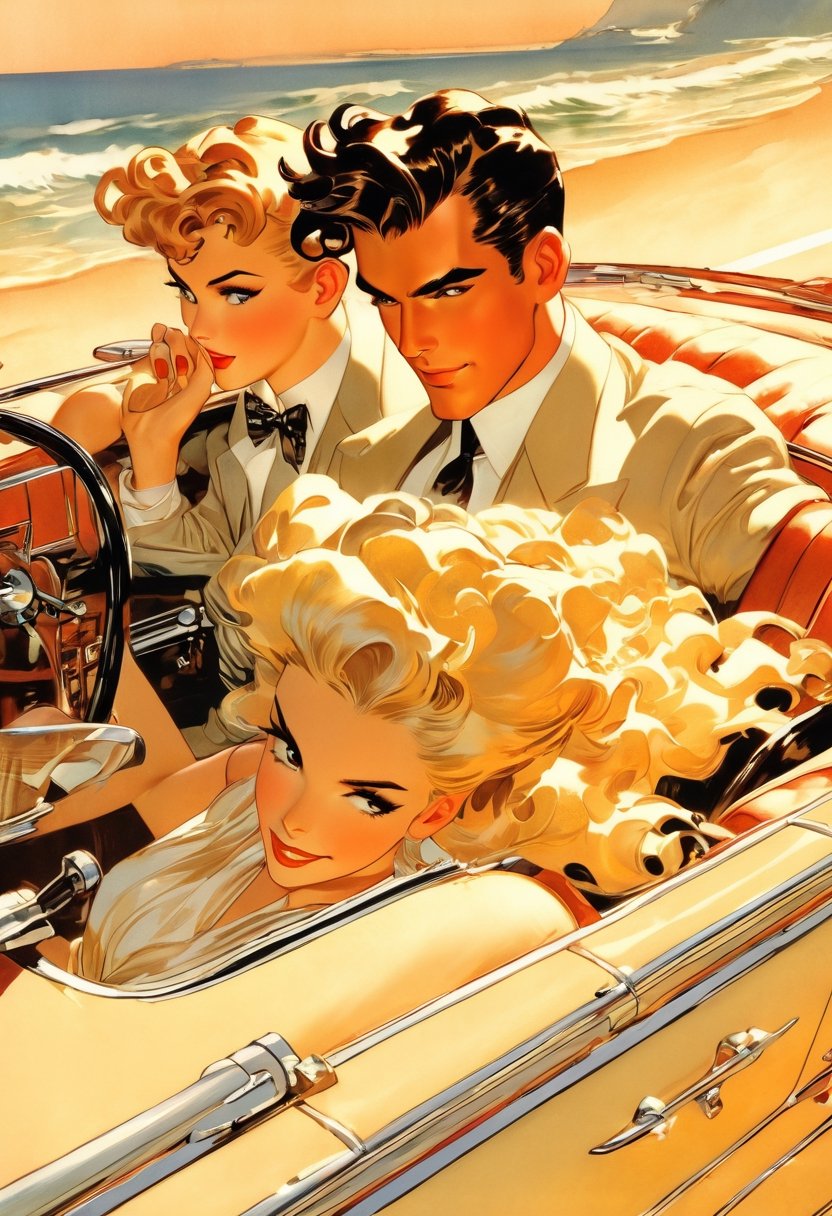 Anime artwork. Couple crusing in a convertible, art by J.C. Leyendecker, anime style, key visual, vibrant, studio anime,  highly detailed