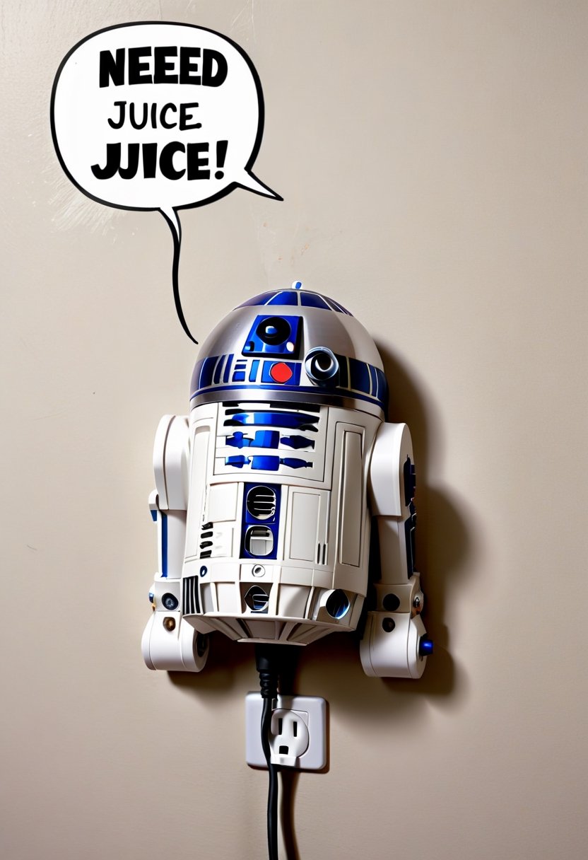 Baby R2D2, plugged into wall outlet,  Comic strip speech bubble says "NEED JUICE". 