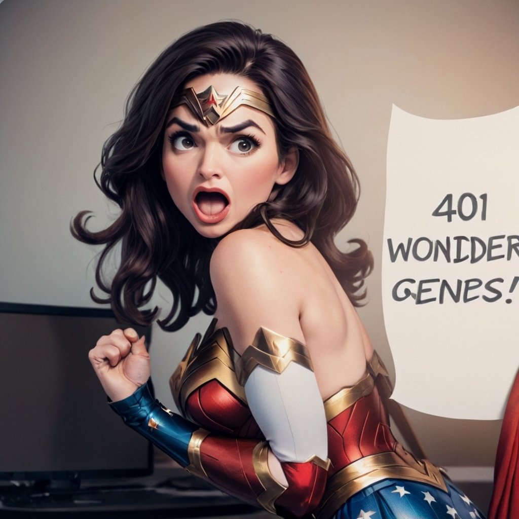 "404" TEXT LOGO. Wonder Woman, mouth open. Comic strip speech bubble "40 4",TEXT LOGO