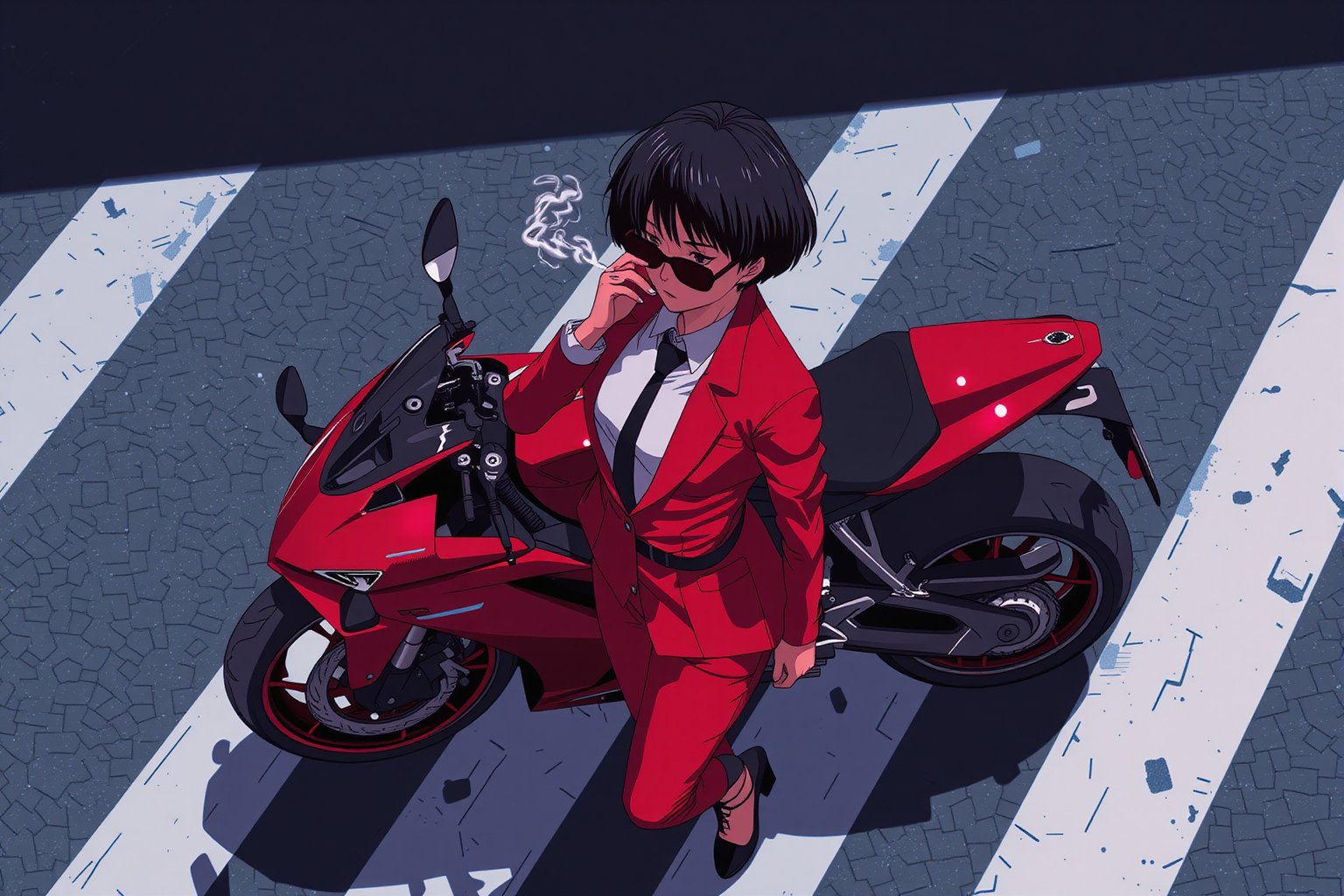 Anime style. Overhead shot of a woman walking away from a futuristic motorcycle parked at a zebra crossing. The woman has short black bob hair, is smoking. She wear a red business suit, white shirt, black tie, and sunglasses. She holds a gun with a confident grip. The motorcycle itself is red, sleek and metallic, with intricate designs and a futuristic vibe.