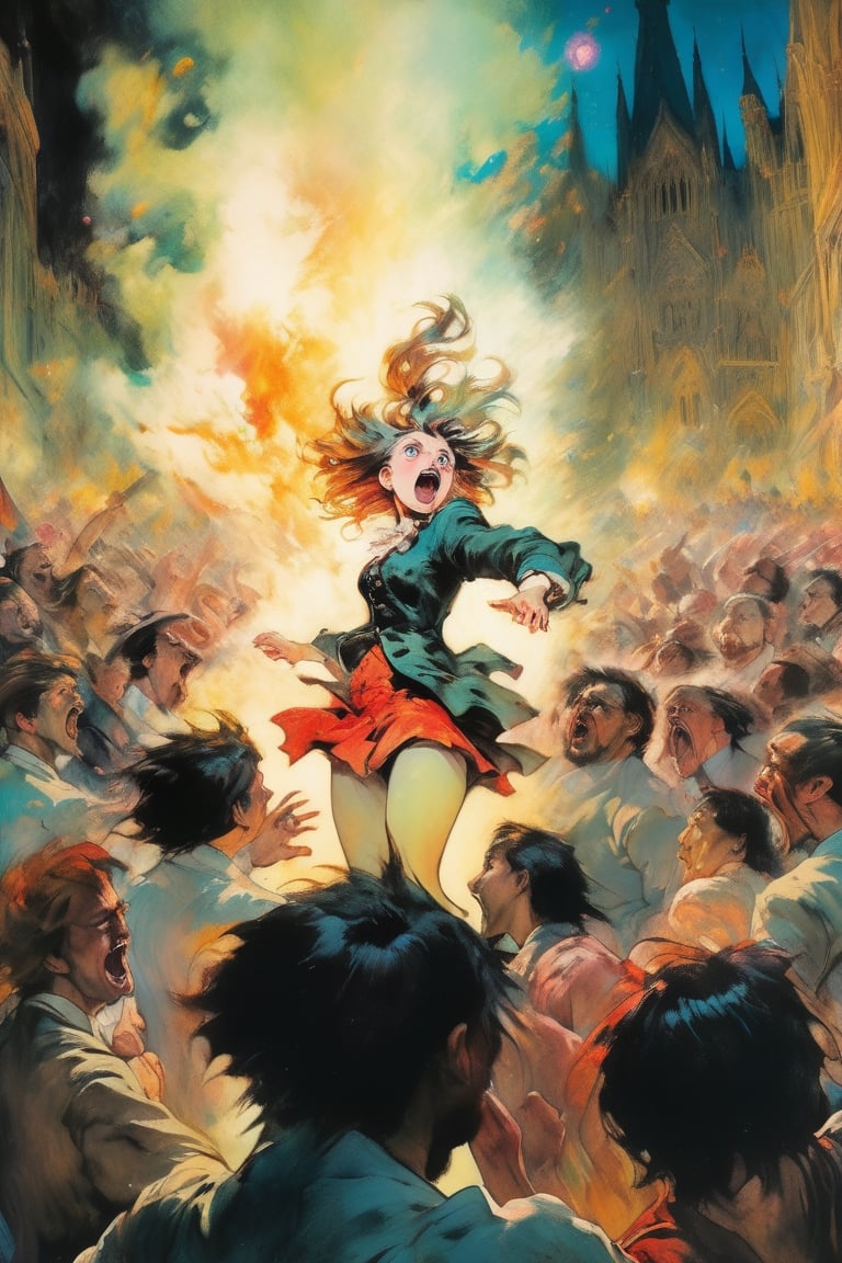 a girl seeing from sideway behind standing up and pointing with anger at a tyrant in the middle of a scared crowd on its knees, perfect proportion, full body, dynamic pose, highly detailed face, complex background, death parade, ultra highly detailed, by Peter Paul Rubens, Hieronymus Bosch, Alexey Menschikov, Todd Lockwood, vibrant colors, sureal, epic, high quality, 32k, effervescent atmosphere, fantasy manga painting