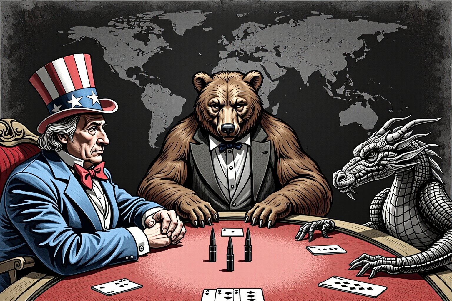 Create a satirical and symbolic illustration titled 'Nuclear Poker,' featuring Uncle Sam, a large bear (representing Russia), and a dragon (representing China) seated around a poker table. They are engaged in an intense game, with miniature missiles in the center of the table as their stakes. Uncle Sam is on the leftwearing his iconic red, white, and blue outfit, the bear sits in the midle, hulking and serious. The dragon is on the right, poised and watchful. The setting is a dark, moody room, with a world map or nuclear warning signs subtly placed in the background. The overall tone should blend humor, symbolism, and geopolitical commentary,charcoal drawing