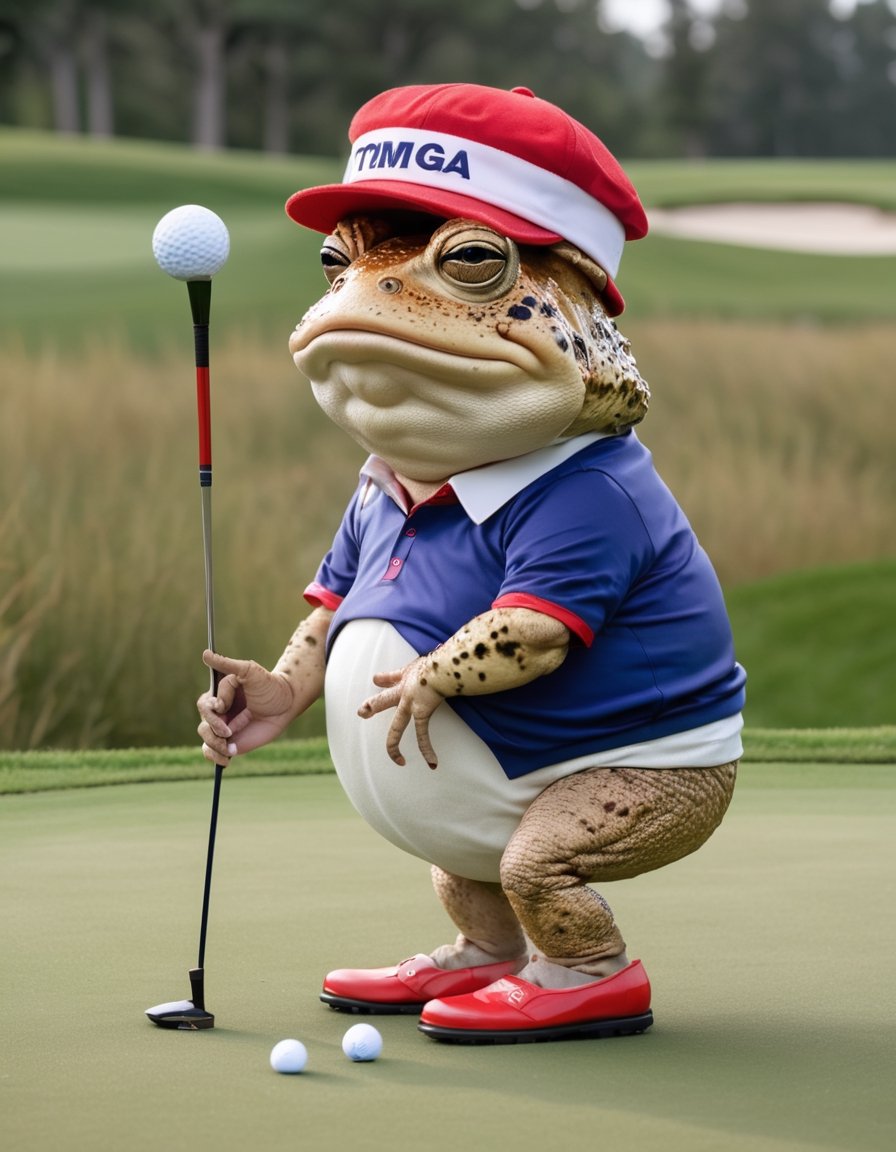 Toad Donald Trump playing golf, wearing Maga hat.