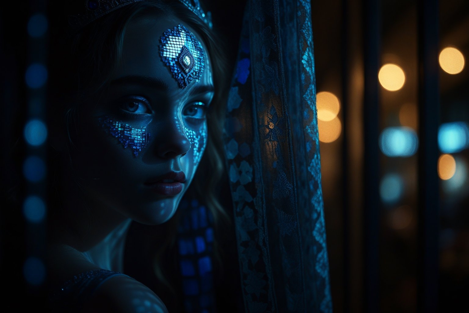 cinematic film still of   A silhouette photo of a mosaic princess looking at camera in a dark street at blue night with her face casting window curtain shadow style, shallow depth of field, vignette, highly detailed, high budget, bokeh, cinemascope, moody, epic, gorgeous, film grain, grainy