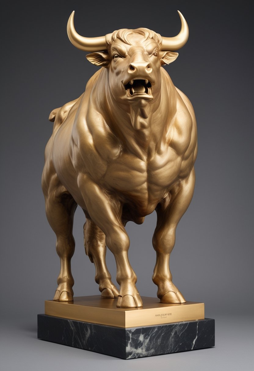 Golden Statue of a ragin bull with the head of Donald Trump by Rodin,sdxl