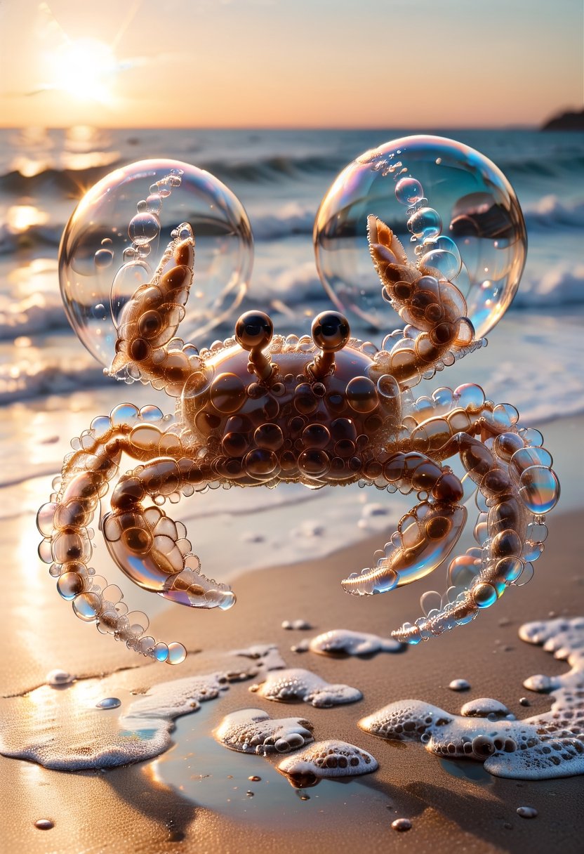 Photo of a transparent  crab made of soap bubbles, walking on beach, ocean waves in the background, highly detailed, golden hour