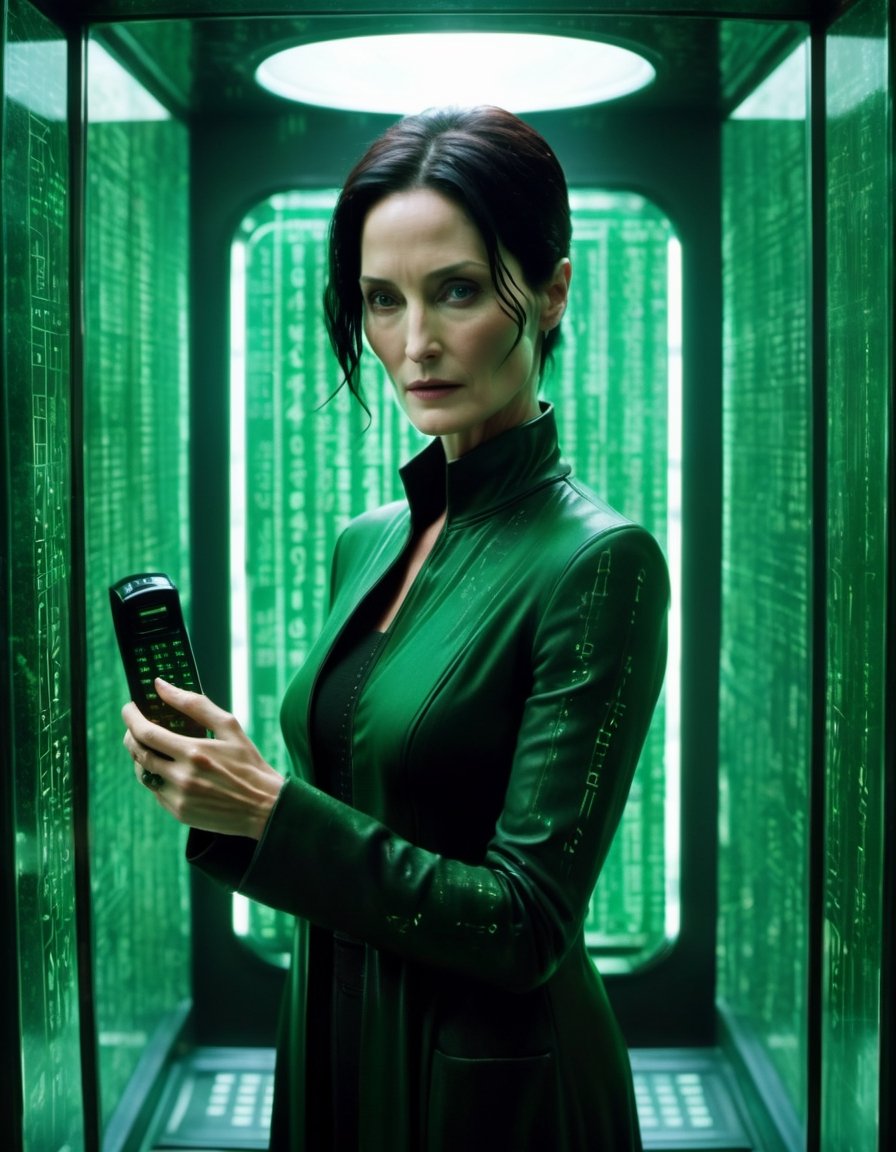 Cinematic Film Still. Carrie-Anne Moss as Trinity from The Matrix, holding a phone, inside a telephone call box,  falling green matrix code glyphs reflection on glass,  computer glitch effect