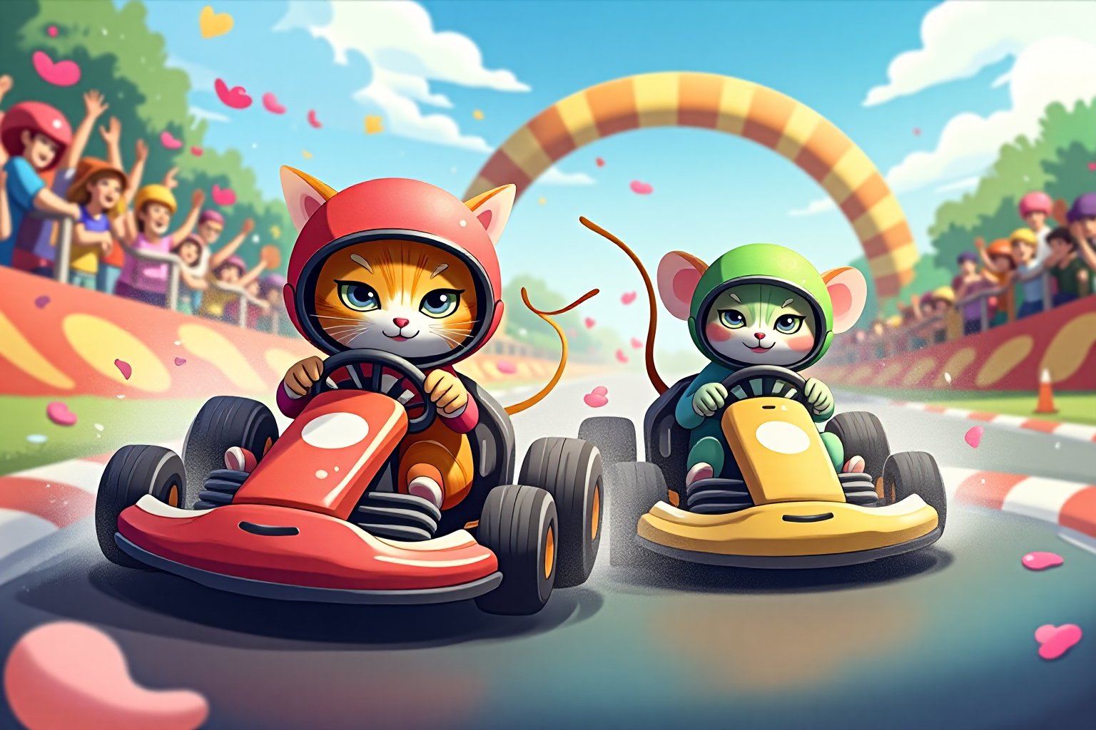 dreamy art. Two go-karts on a vibrant, winding track. The kart on the left is driven by a cat, wearing a red helmet, focused and determined, steers its kart. The kart on the right is driven by a mouse, wearing a green helmet, equally concentrated, speeds alongside. The track is filled with playful obstacles and surrounded by cheering spectators, capturing the excitement of this whimsical race