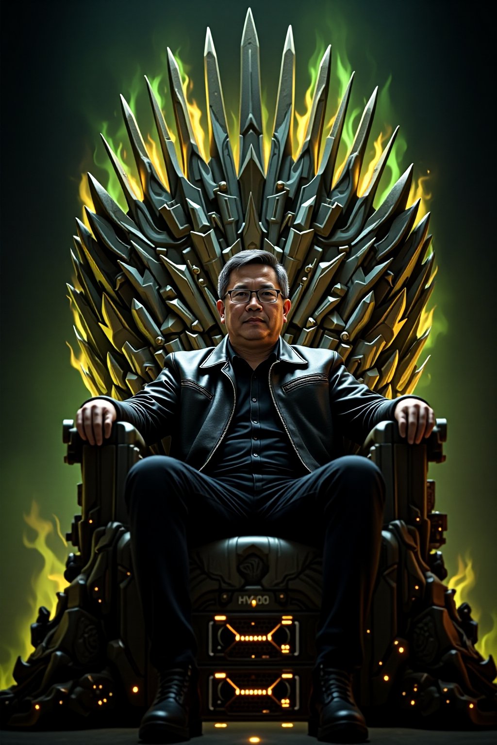 The throne is a towering, intricate gaming computer , witht the word "H100" written on it.  Under it are stack of  NVIDIA GPUs, all ablaze with flickering green and yellow flames, symbolizing the power and intensity of cutting-edge technology. Sitting confidently on this throne is Jensen Huang, a short, 50-year-old Asian man with glasses, graying hair, and his signature black leather jacket. His posture is relaxed but commanding, embodying the cool authority of a tech titan. The flames from the GPUs cast dynamic, glowing reflections off his glasses and jacket, emphasizing his central role in this tech-empire parody. The overall image blends the epic, regal atmosphere of Game of Thrones with a modern twist, paying homage to both the fantasy series and the world of high-performance computing.