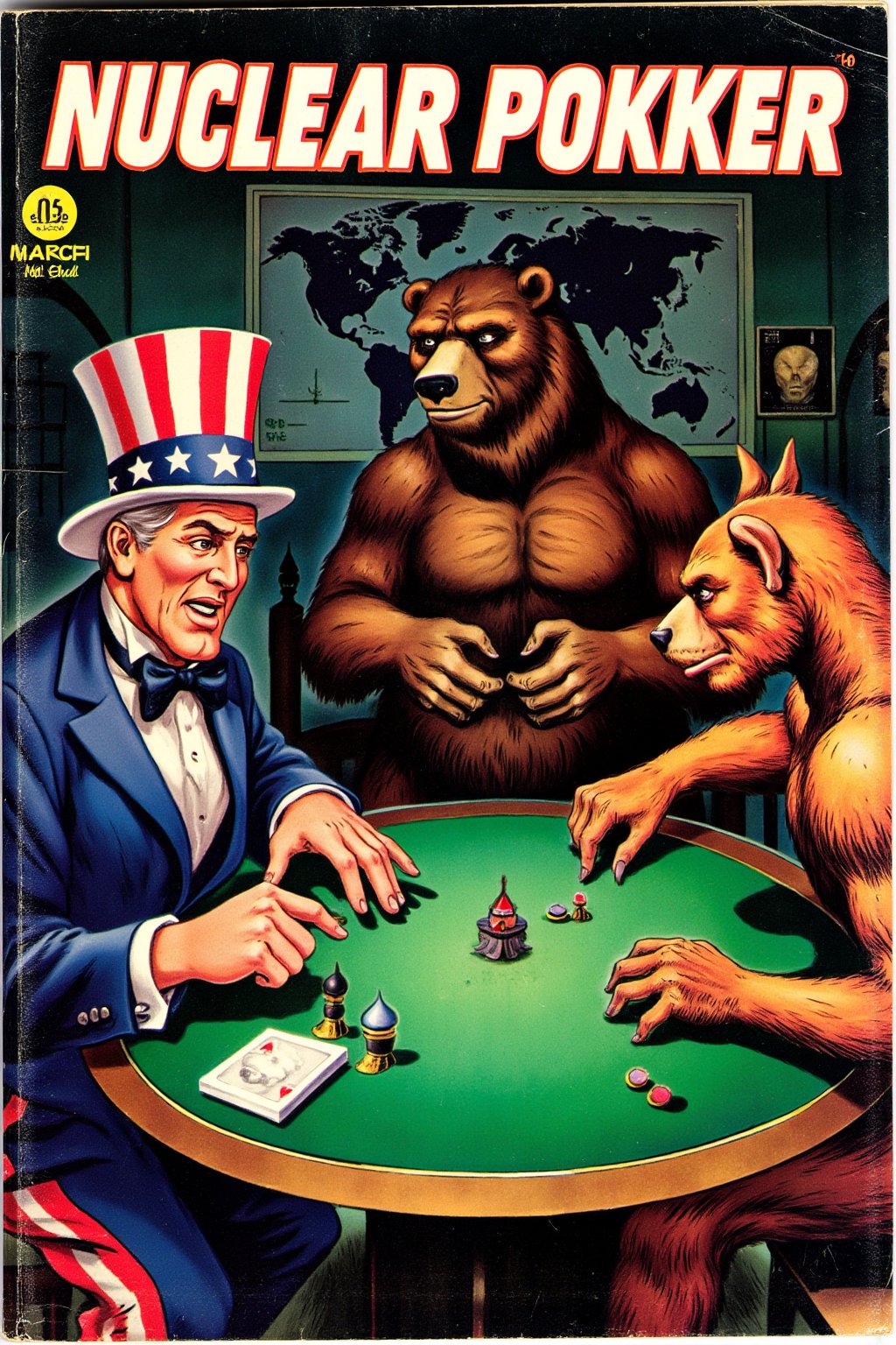 Vintage comic book cover. Create a satirical and symbolic illustration titled 'Nuclear Poker,' featuring Uncle Sam, a large bear (representing Russia), and a dragon (representing China) seated around a poker table. They are engaged in an intense game, with miniature missiles in the center of the table as their stakes. Uncle Sam is on the leftwearing his iconic red, white, and blue outfit, the bear sits in the midle, hulking and serious. The dragon is on the right, poised and watchful. The setting is a dark, moody room, with a world map or nuclear warning signs subtly placed in the background. The overall tone should blend humor, symbolism, and geopolitical commentary,