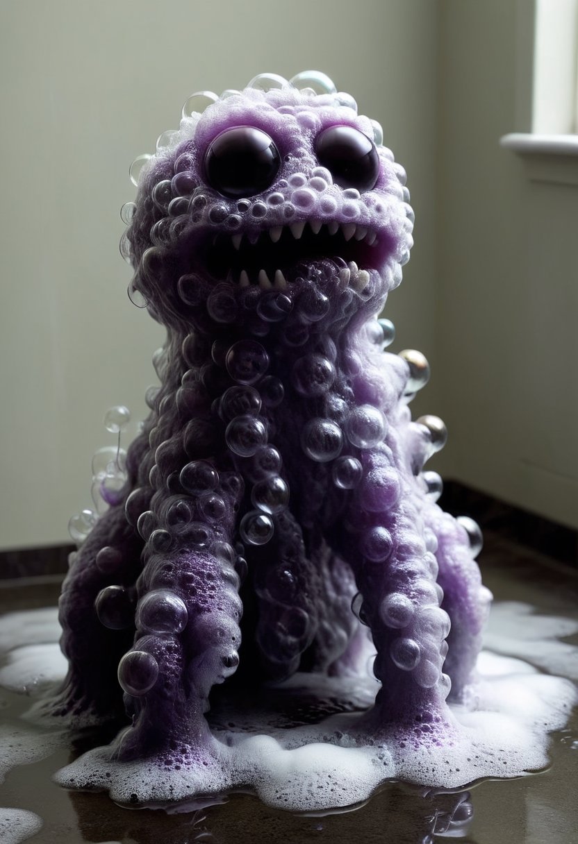 award winning documentary photograph by escher of a vivid and vibrant adorable eldritch horror monster taking a bubble bath made out of bath foam, in a victorian bathroom