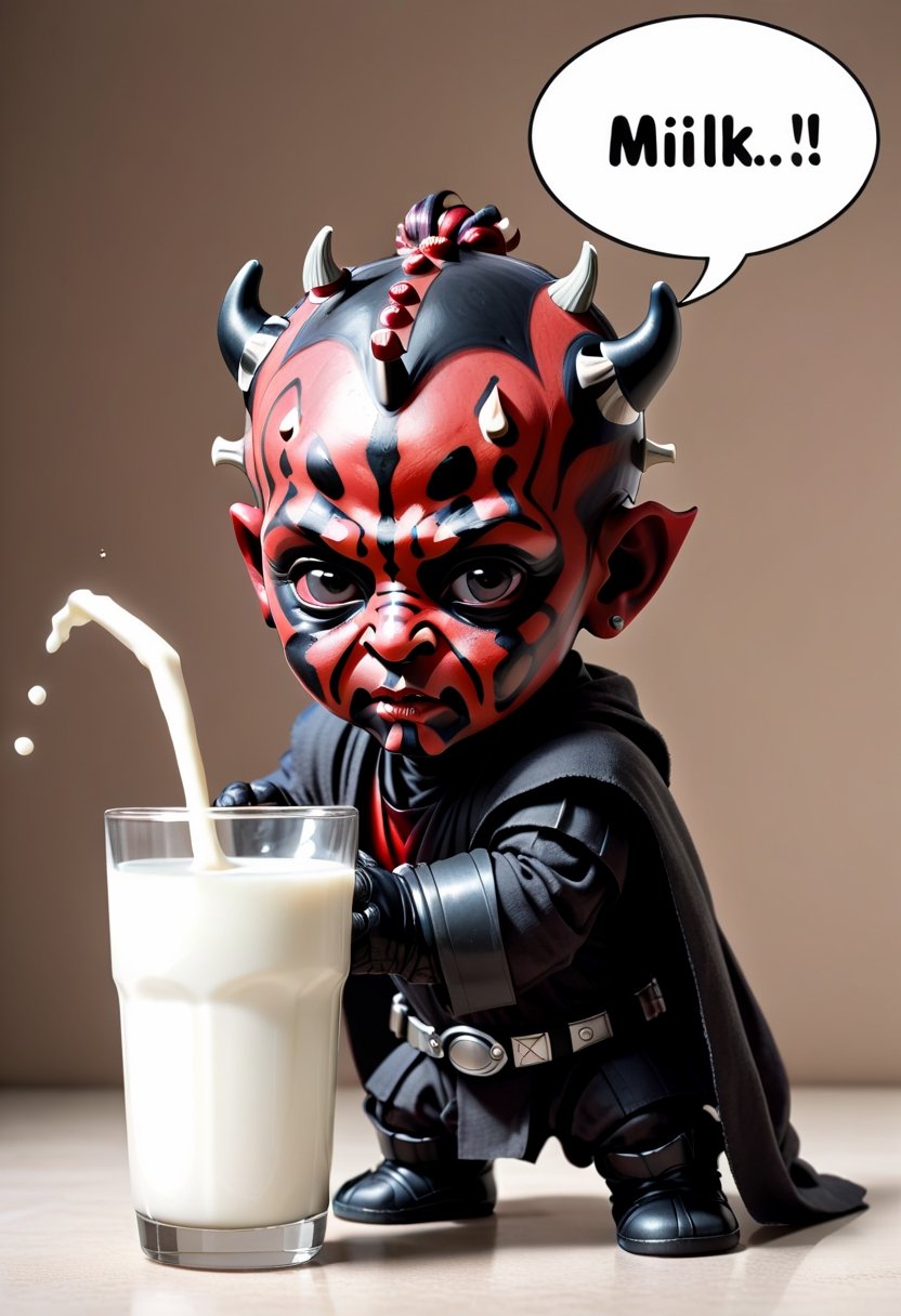 Baby Darth Maul, drinking milk ,  Comic strip speech bubble "MILK!". 