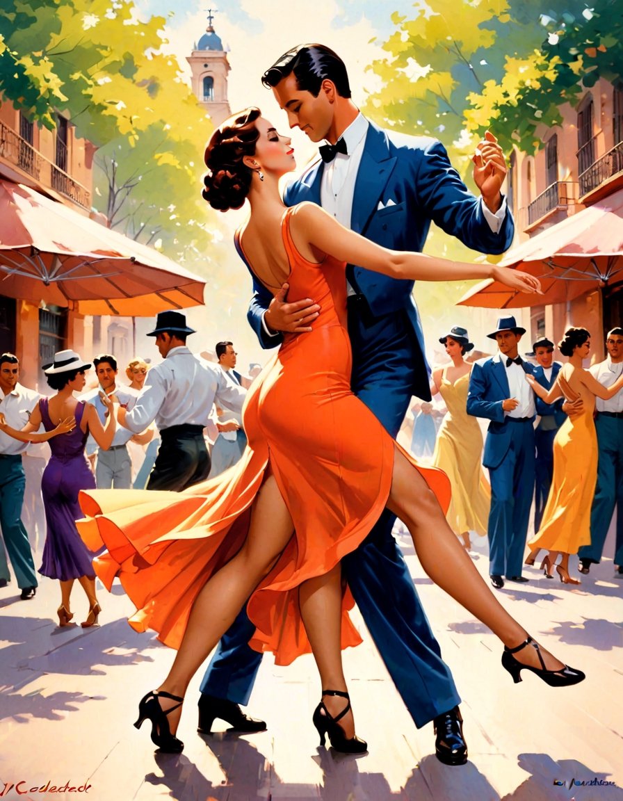 Couple dancing tango, Buenos Aires outdoors,  art by J.C. Levendecker