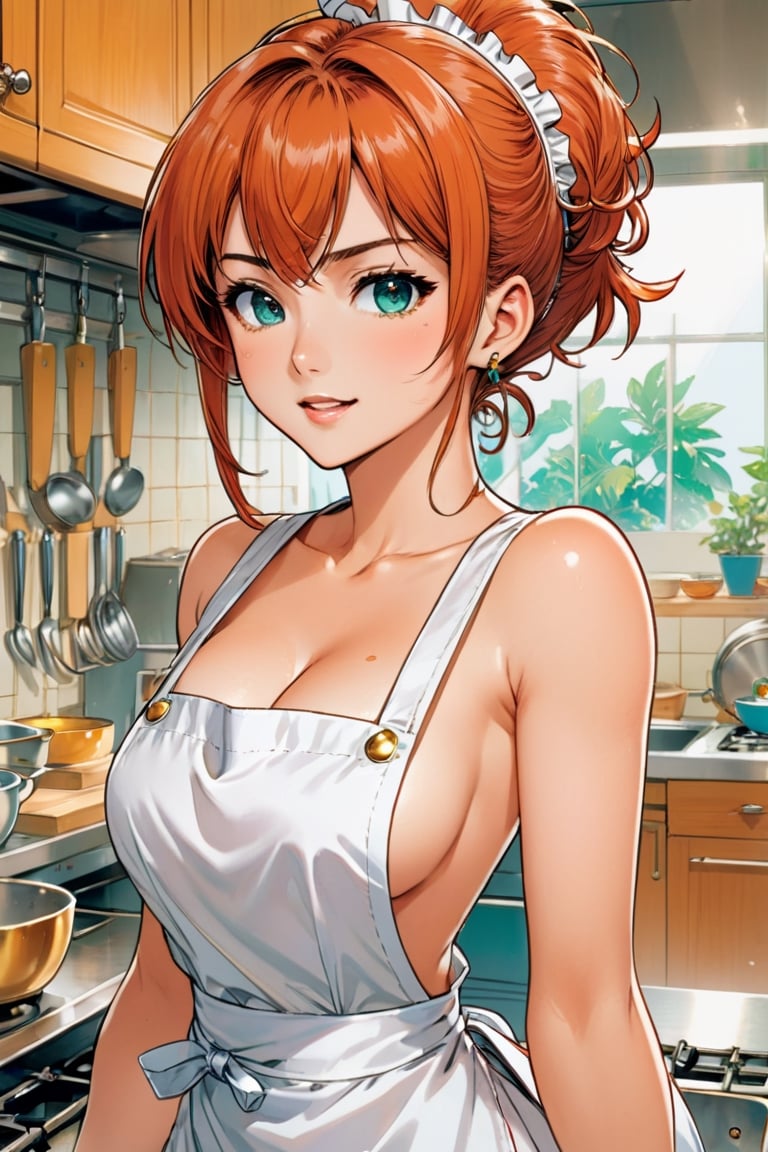 Closeup portrait of a playful maid, undercut hair, sleeveless, bare arm, apron only, kitchen, freckles, art by Masamune Shirow, anime style, key visual, vibrant, studio anime