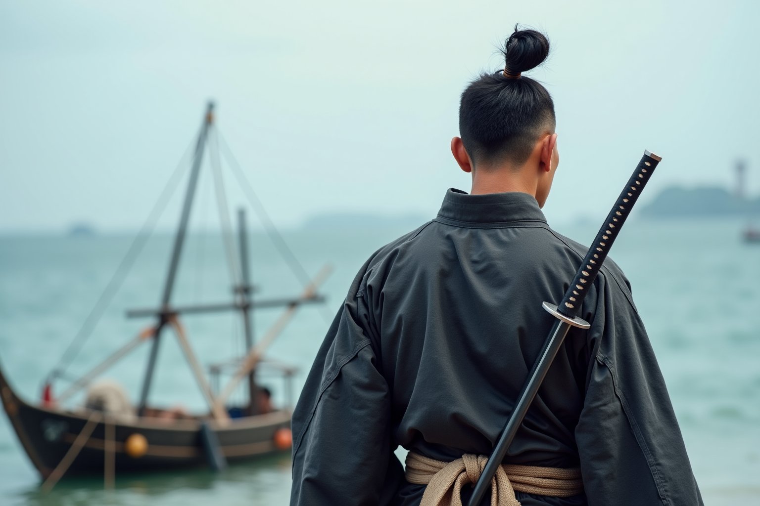 A Japanese man dressed as a Samurai, with a chonmage  haircut. He has his had o the hilt of his sword hanging around his waist. Background is the sea with a fishing boat