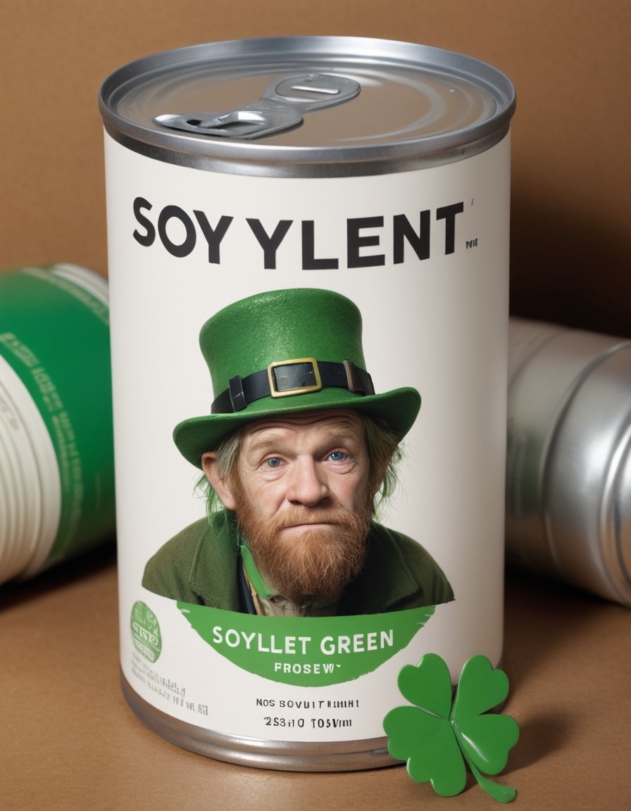 Photo of Canned Soup featuring a homeless Leprechaun with a sad expression, clutching a tiny, broken four-leaf clover. text logo "Soylent Green"