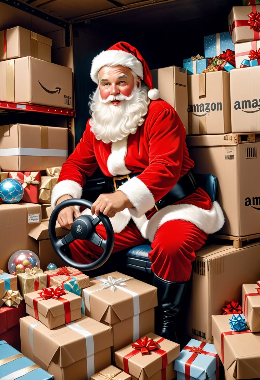 Photo a Santa Claus as a driver inside a Amazon Delivery truck, pile of toys behind him, art by J.C. Leyendecker, Canon 5d Mark 4, Kodak Ektar