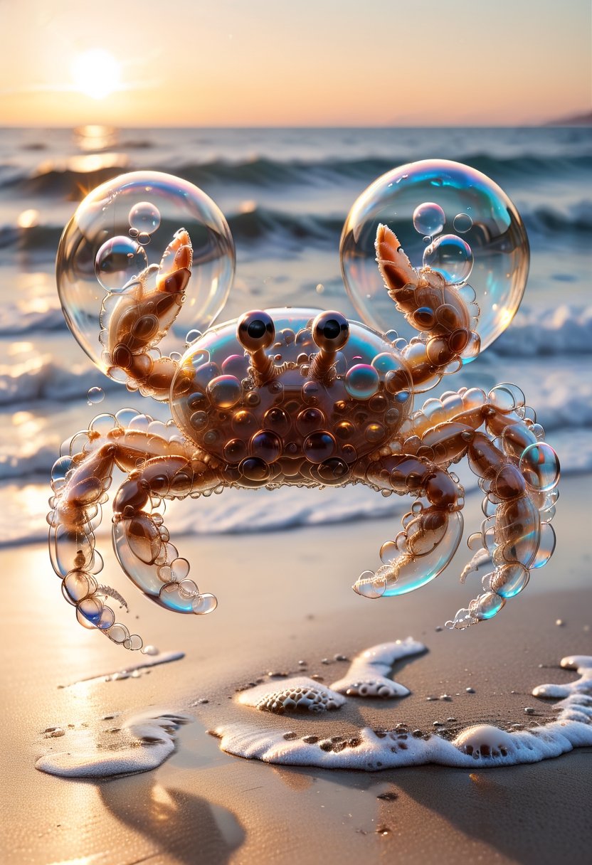 Photo of a transparent  crab made of soap bubbles, walking on beach, ocean waves in the background, highly detailed, golden hour