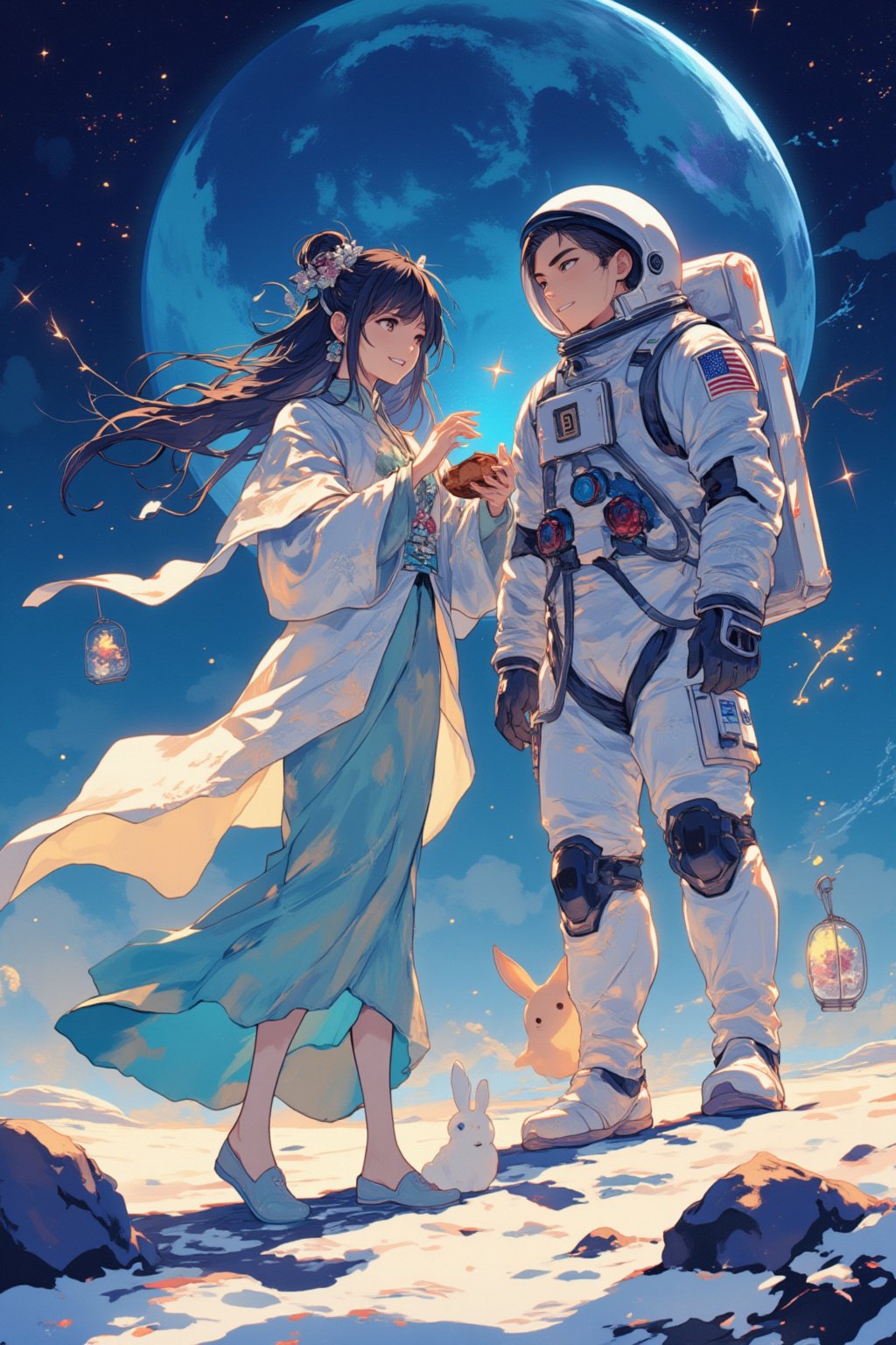 Anime style by J.C. Leyndecker. lyn. iam. ando. An astronaut celebrating the Moon Festival on the surface of the moon with Chang'e, the moon goddess, and the Jade Rabbit. The astronaut is in a modern spacesuit, holding a mooncake, while Chang'e stands beside him, wearing traditional, flowing robes with a soft, glowing aura. The Jade Rabbit hops playfully around them. They are surrounded by a serene lunar landscape, with Earth glowing in the starry sky behind them. A small floating lantern adds to the festive atmosphere. The overall scene blends elements of Chinese mythology with a futuristic space setting.