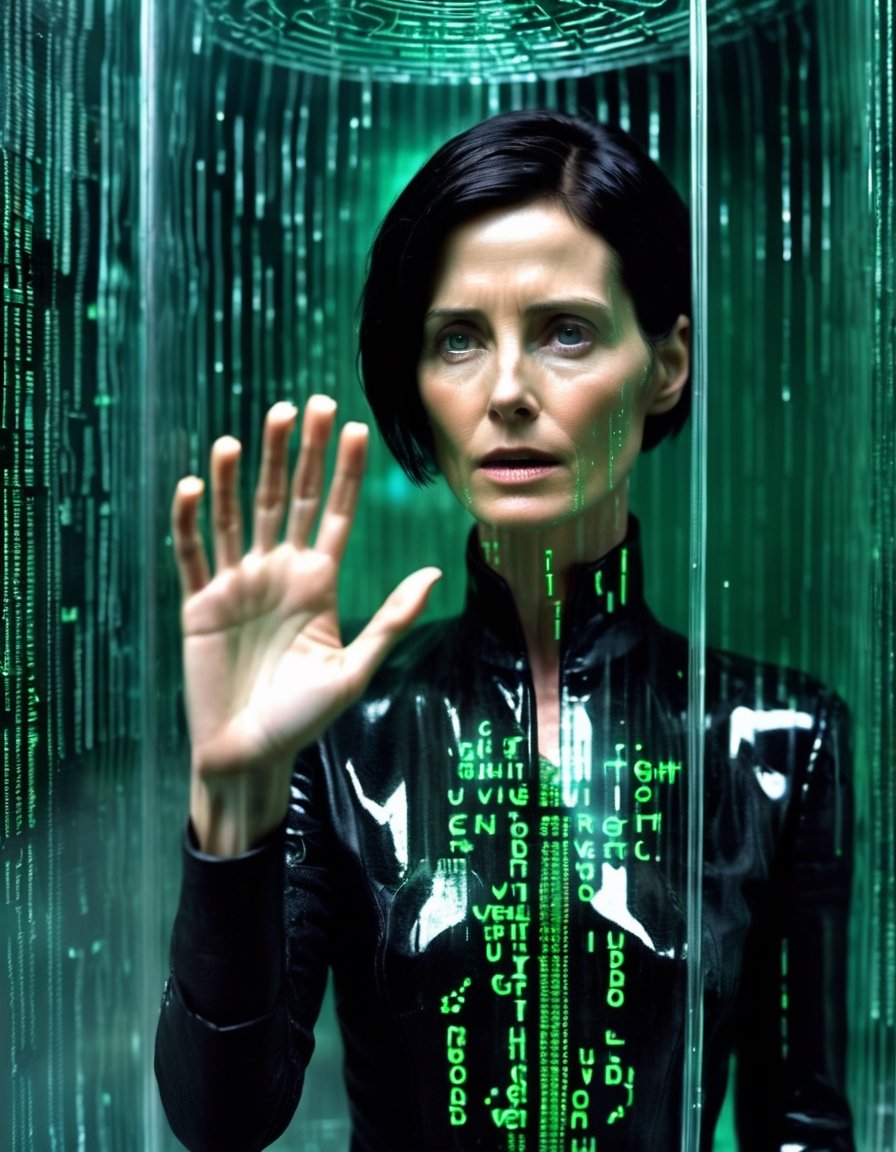 Cinematic photo full body, [:(1 woman glitching, falling green matrix code glyphs, shattering skin, computer glitch effect:2.1):0.15] cyberpunk Trinity (Matrix), Carrie-Anne Moss, short hair, inside a telephone call box , (facing the viewer:1.3), (right hand to the viewer against the glass:5), (left hand holding corded telephone receiver next to ear:2.0) . 35mm photograph, film, bokeh, professional, 4k, highly detailed . 35mm photograph, film, bokeh, professional, 4k, highly detailed