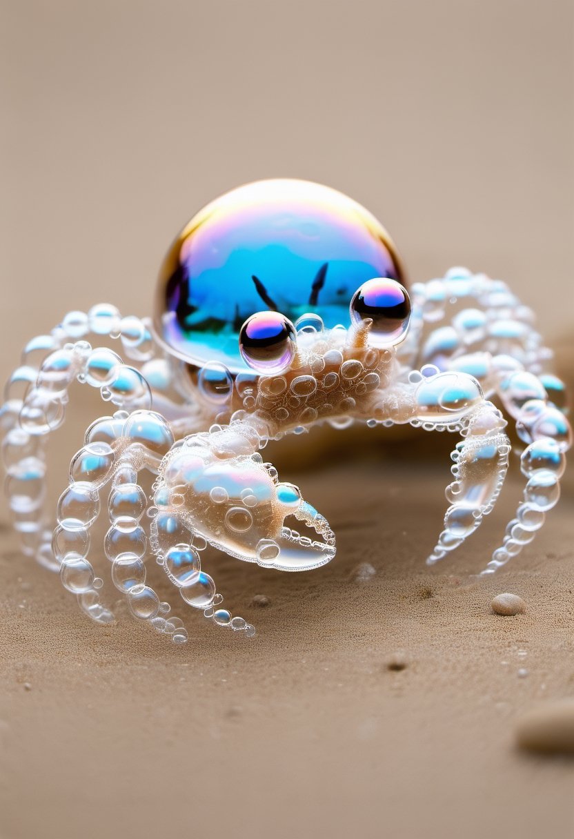 Photo of a transparent  crab made of soap bubbles, walking on beach, highly detailed, 