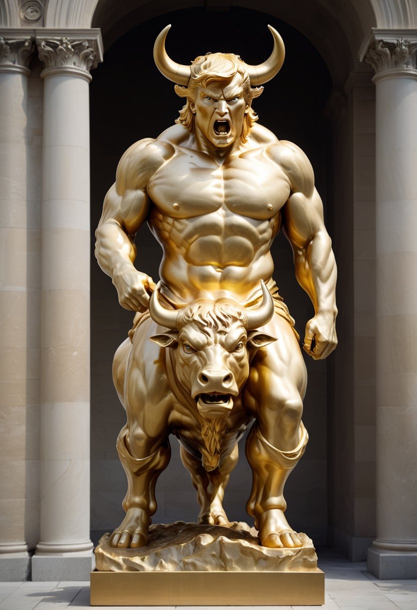 Golden Statue of a ragin bull with the head of Donald Trump by Rodin,sdxl