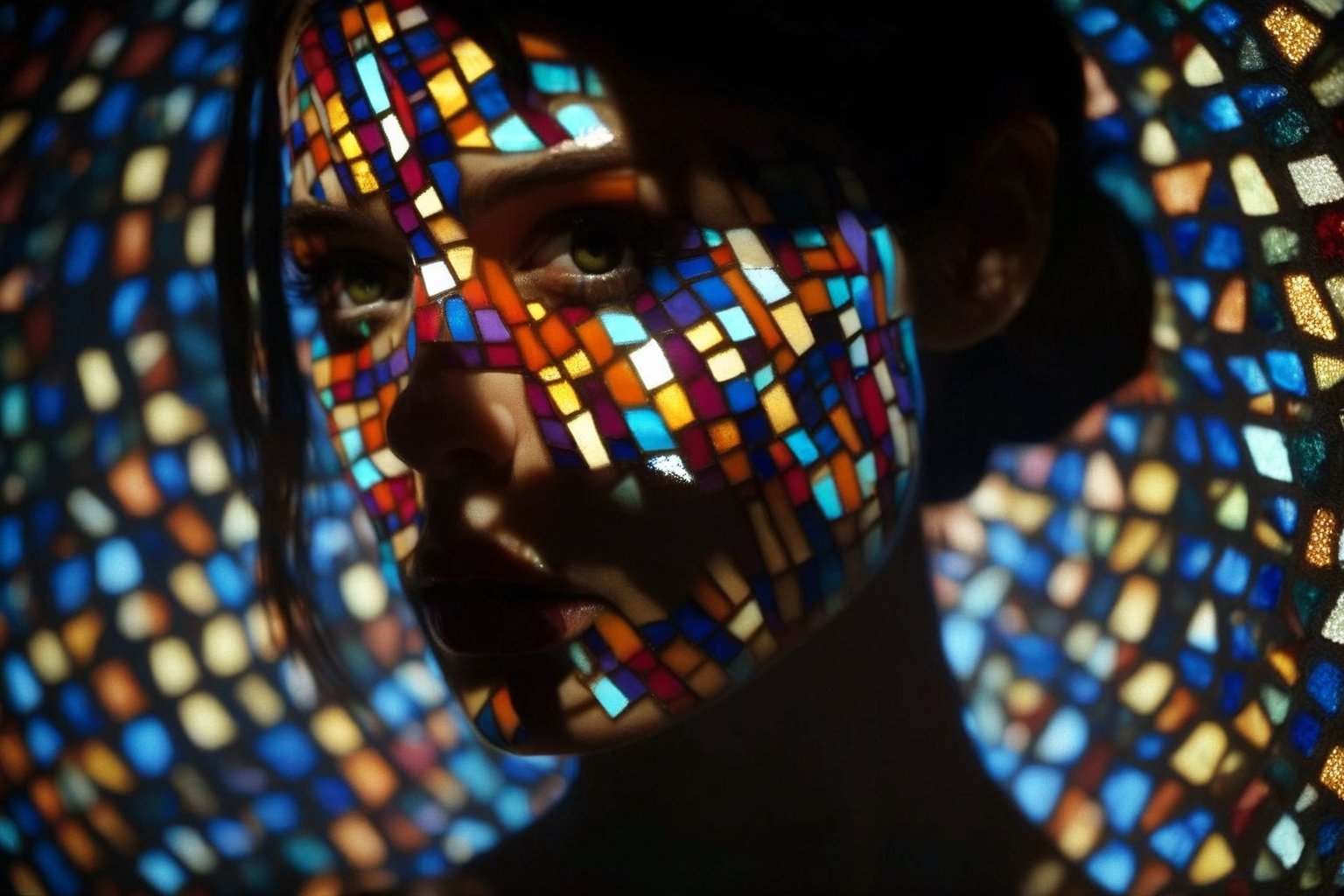 cinematic film still of a cucoloris patterned illumination casting a horizontal rectangle strip shadow on a woman with a horizontal shadow on her faces, the beautiful mosaic princess