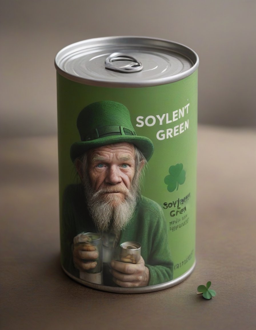 Photo of Canned Soup featuring a homeless Leprechaun with a sad expression, clutching a tiny, broken four-leaf clover. text logo "Soylent Green"