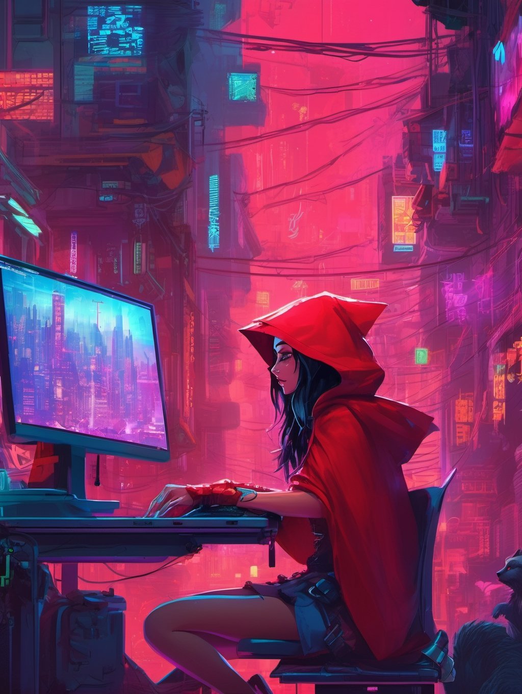 Little Red Riding Hood hacking on a computer, Big Bad Wolf watchig her. glowing screen. Large window, cyberpunk cityscape.   DreamWorks Animation ,cyberpunk