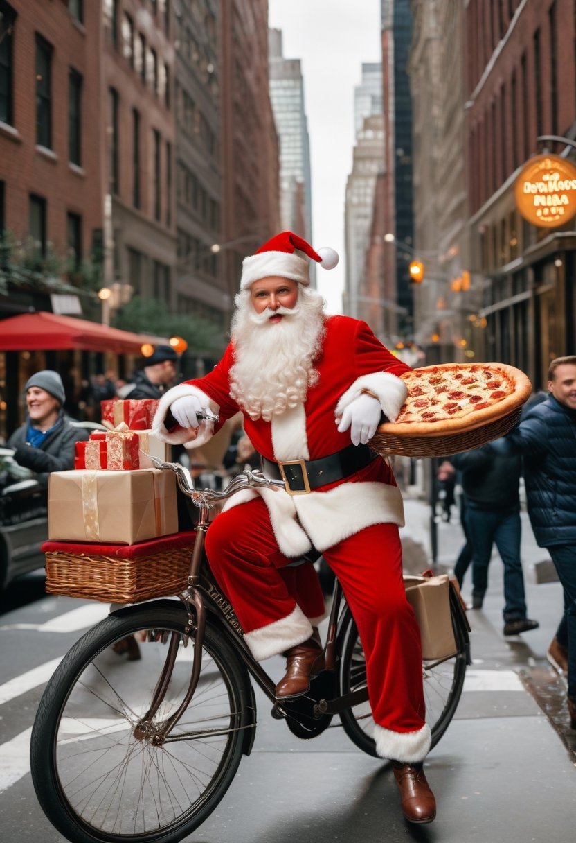 Photo a Santa Claus riding bicycle delivery pizz in NYC, art by J.C. Leyendecker, Canon 5d Mark 4, Kodak Ektar